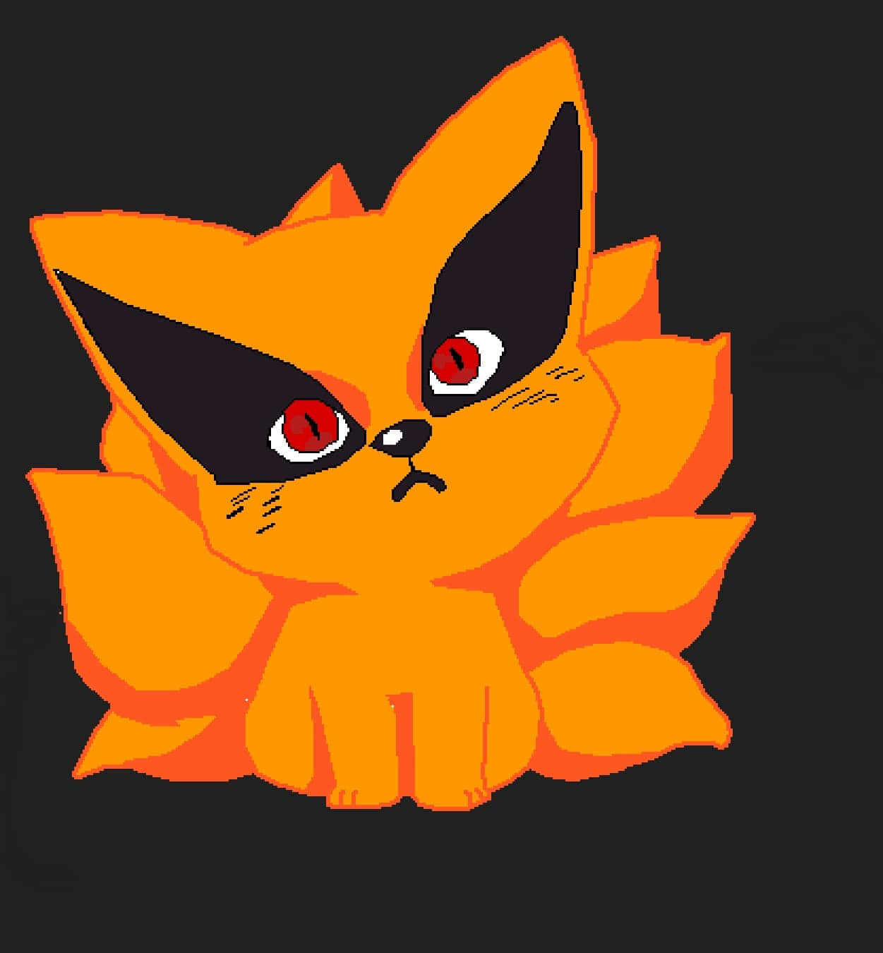 Baby Kurama 桌布 壁紙 — 一隻可愛的Q版九尾狐，擁有火橙色毛髮和發光的紅色眼睛，坐在深色背景前。