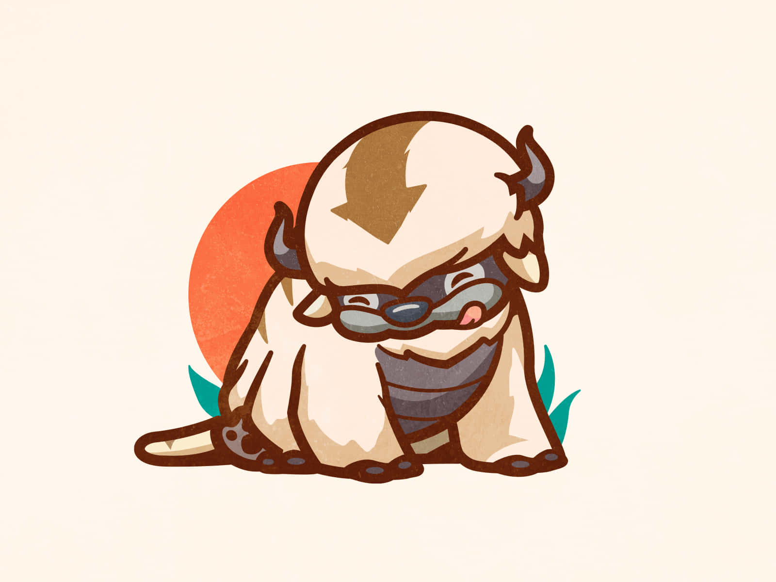 Appa Avatar 桌布 壁紙 — 一隻可愛的Q版白色牛牛生物，有角和棕色箭頭紋身，戴著太陽眼鏡，背景是溫暖的橙色太陽。