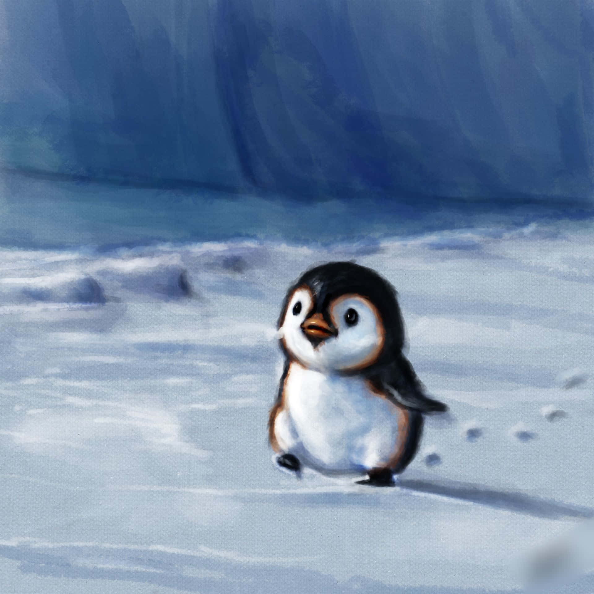  壁紙 — 一隻可愛的企鵝寶寶在雪地上搖搖擺擺地走著，背景是柔和的藍色冰面。