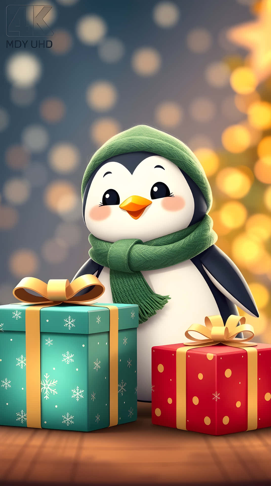Cute Penguin in Green Hat with Christmas Gifts on Wooden Table 4K 壁紙 — 一隻可愛的企鵝戴著綠色帽子和圍巾，站在兩個節日禮物盒旁邊，背景是溫暖的散景燈光。