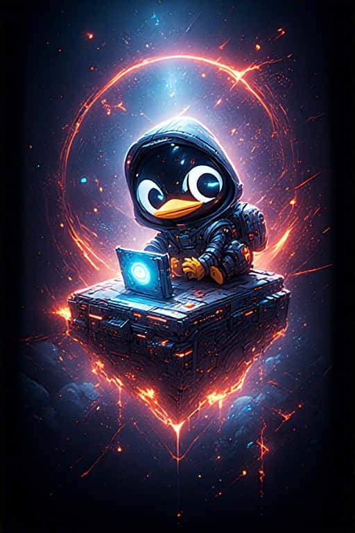 Futuristic Linux Cyberpunk 4K 壁紙 — 一隻可愛的企鵝穿著連帽套裝坐在漂浮的科技平台上，在熾熱的宇宙環下使用發光的筆記型電腦。