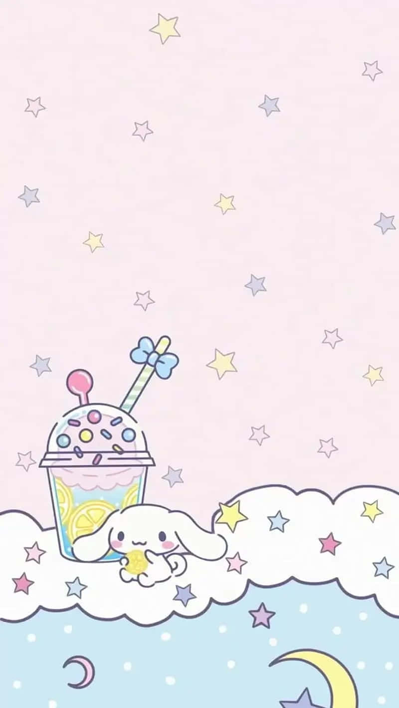 Really 桌布 壁紙 — 一隻可愛的兔子坐在雲上，在有新月的星空粉彩天空下，在一個巨型奶昔旁邊。