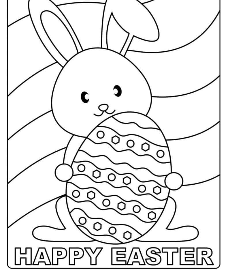 Easter Bunny 桌布 壁紙 — 一隻可愛的兔子拿著一個有圖案的復活節蛋，背景是條紋，並帶有 'HAPPY EASTER' 文字。