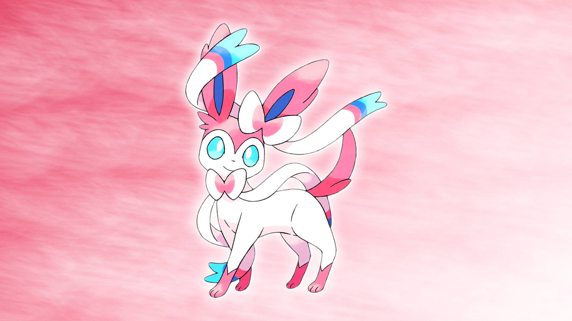 Sylveon 桌布 壁紙 — 一隻可愛的動漫風格仙子伊布，帶有粉紅色和藍色點綴，站在柔和的粉紅色水彩背景前。