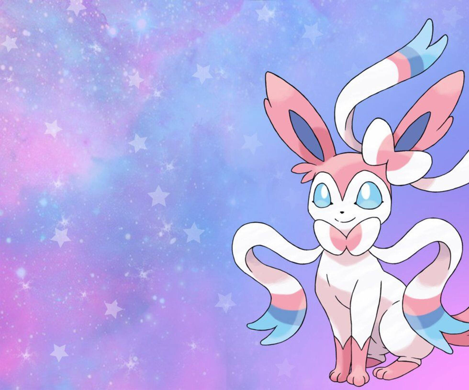 Sylveon 桌布 壁紙 — 一隻可愛的動漫風格仙子伊布，有粉紅色和藍色條紋的耳朵和尾巴，坐在夢幻的星空紫色和藍色天空前。
