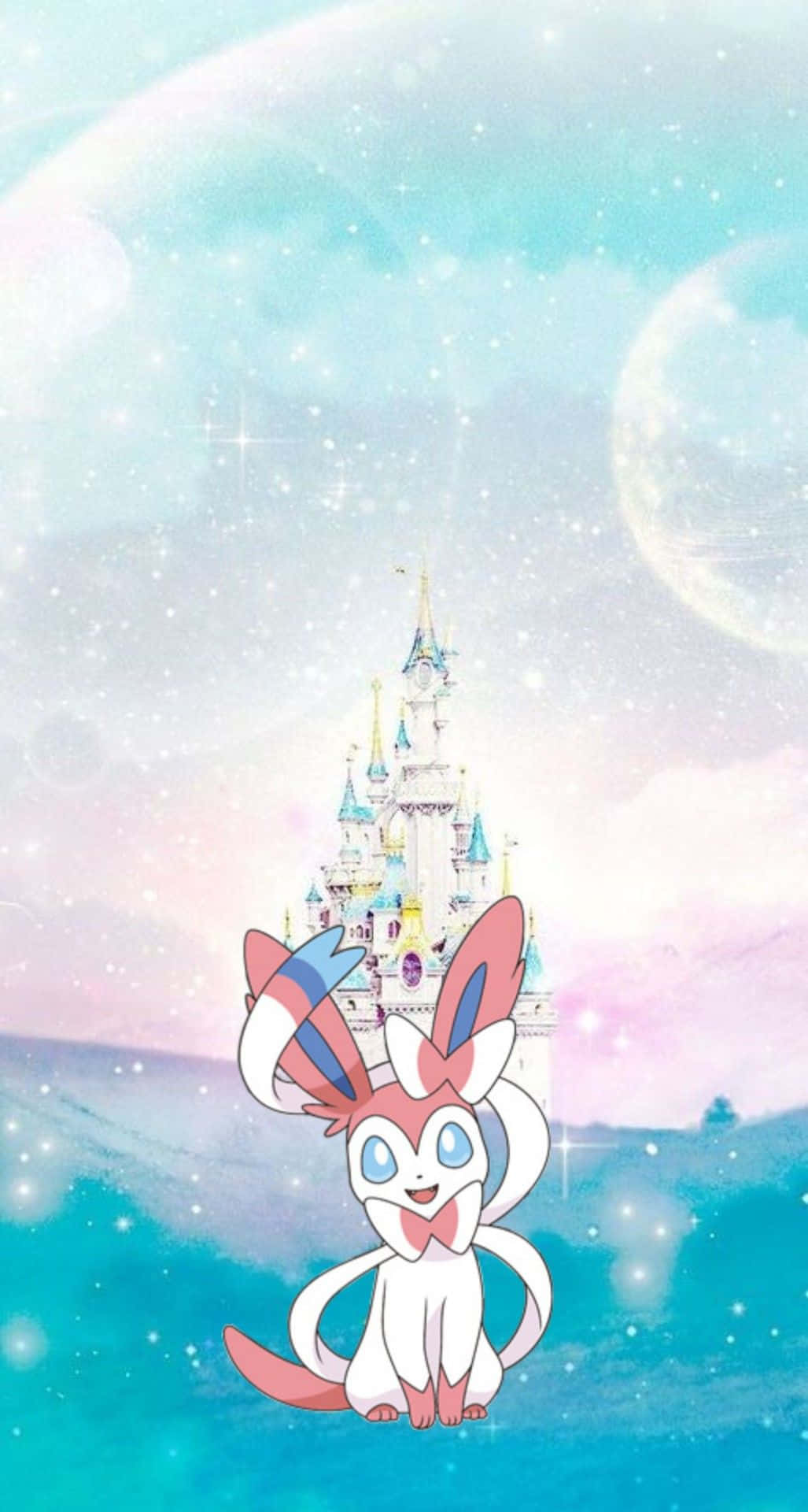 Cute Sylveon 桌布 壁紙 — 一隻可愛的動漫風格仙子伊布坐在發光的城堡前，背景是繁星點點的粉彩天空，還有漂浮的月亮。