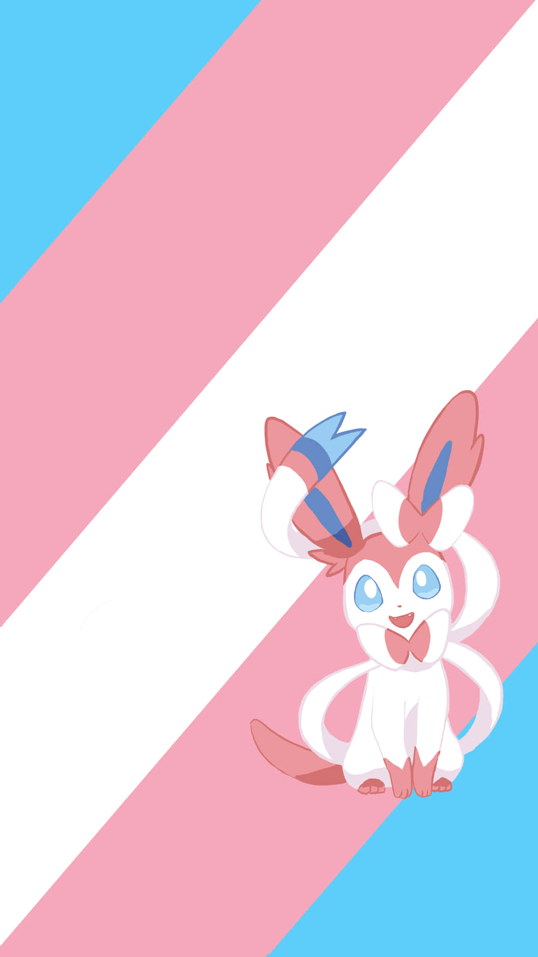 Cute Sylveon 桌布 壁紙 — 一隻可愛的動漫風格仙子伊布快樂地坐在粉紅、藍和白斜條紋背景前。