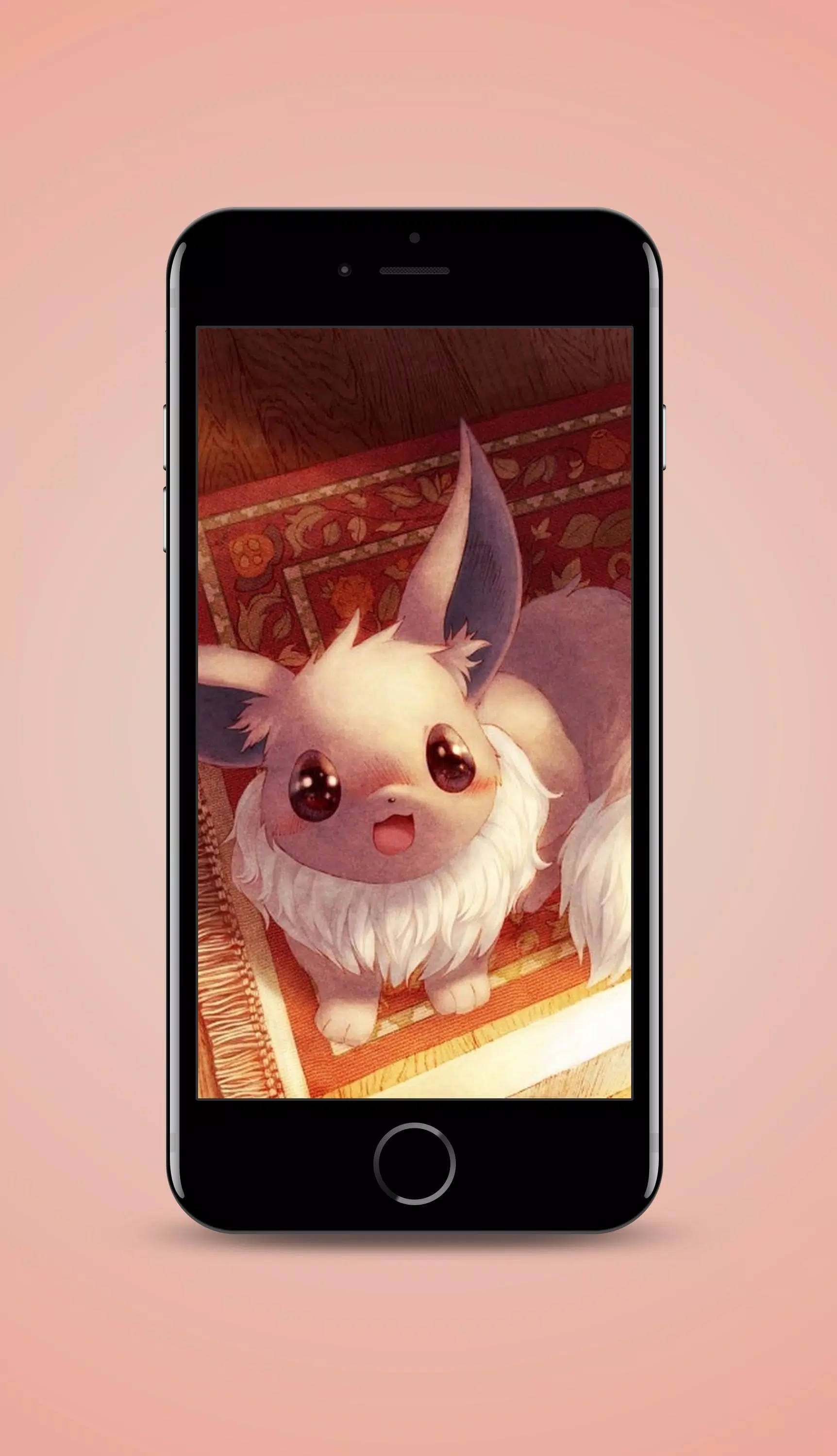Eevee iPhone 桌布 壁紙 — 一隻可愛的動漫風格伊布，擁有蓬鬆的白色毛髮和大眼睛，坐在智慧型手機顯示器內的花紋地毯上。