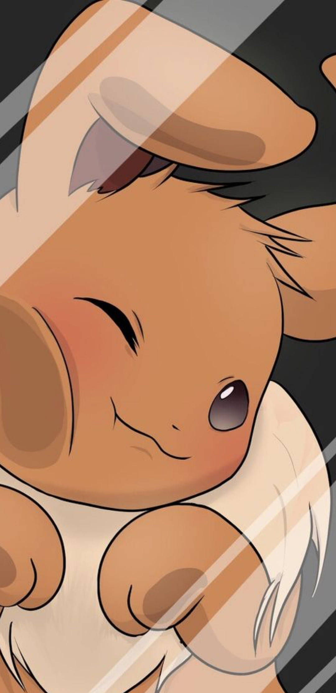 Pokémon 手機 桌布 壁紙 — 一隻可愛的動漫風格伊布，閉著眼睛，帶著溫柔的微笑，被暗色背景上的對角光線框住。