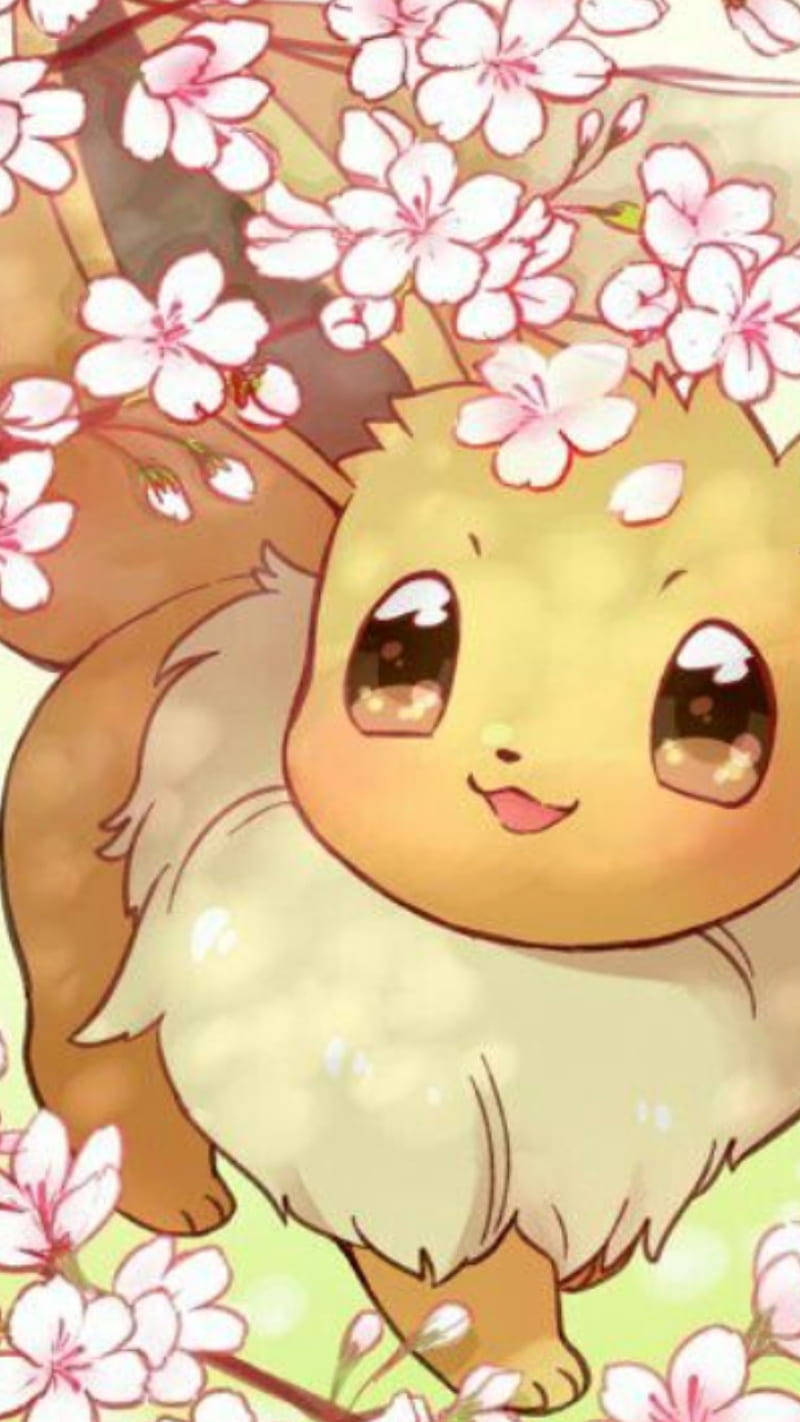 Eevee iPhone 桌布 壁紙 — 一隻可愛的動漫風格伊布在粉紅色櫻花的樹冠下微笑，帶有柔和的粉彩燈光。