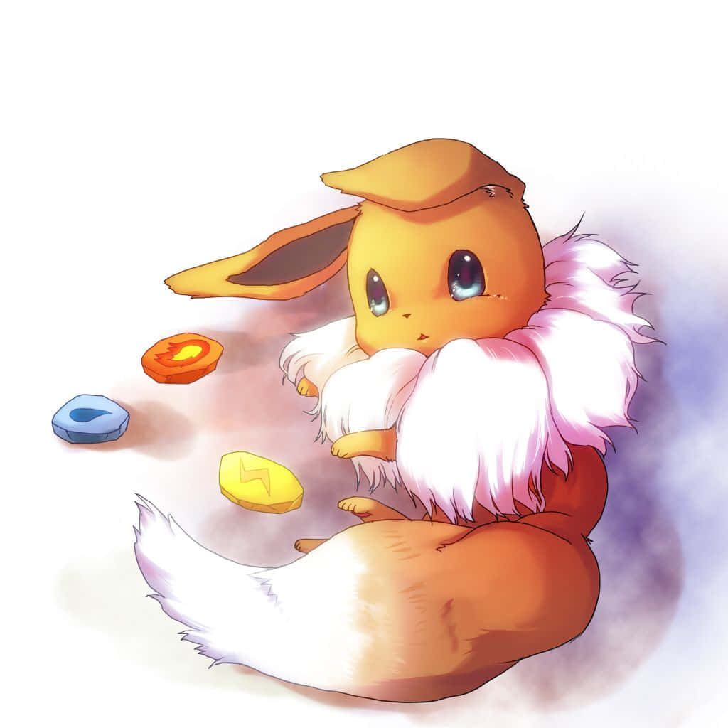Cute Eevee 桌布 壁紙 — 一隻可愛的動漫風格伊布蜷縮著坐著，擁有蓬鬆的白色毛髮，附近有三塊色彩繽紛的石頭，背景是柔和的漸變色。