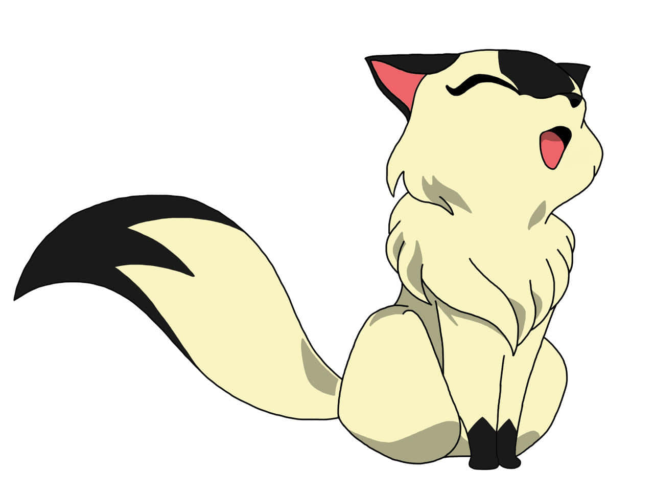 Inuyasha Nekomata 桌布 壁紙 — 一隻可愛的動漫風格奶油色和黑色貓咪，粉紅色內耳，張大嘴巴打哈欠，坐直身體。