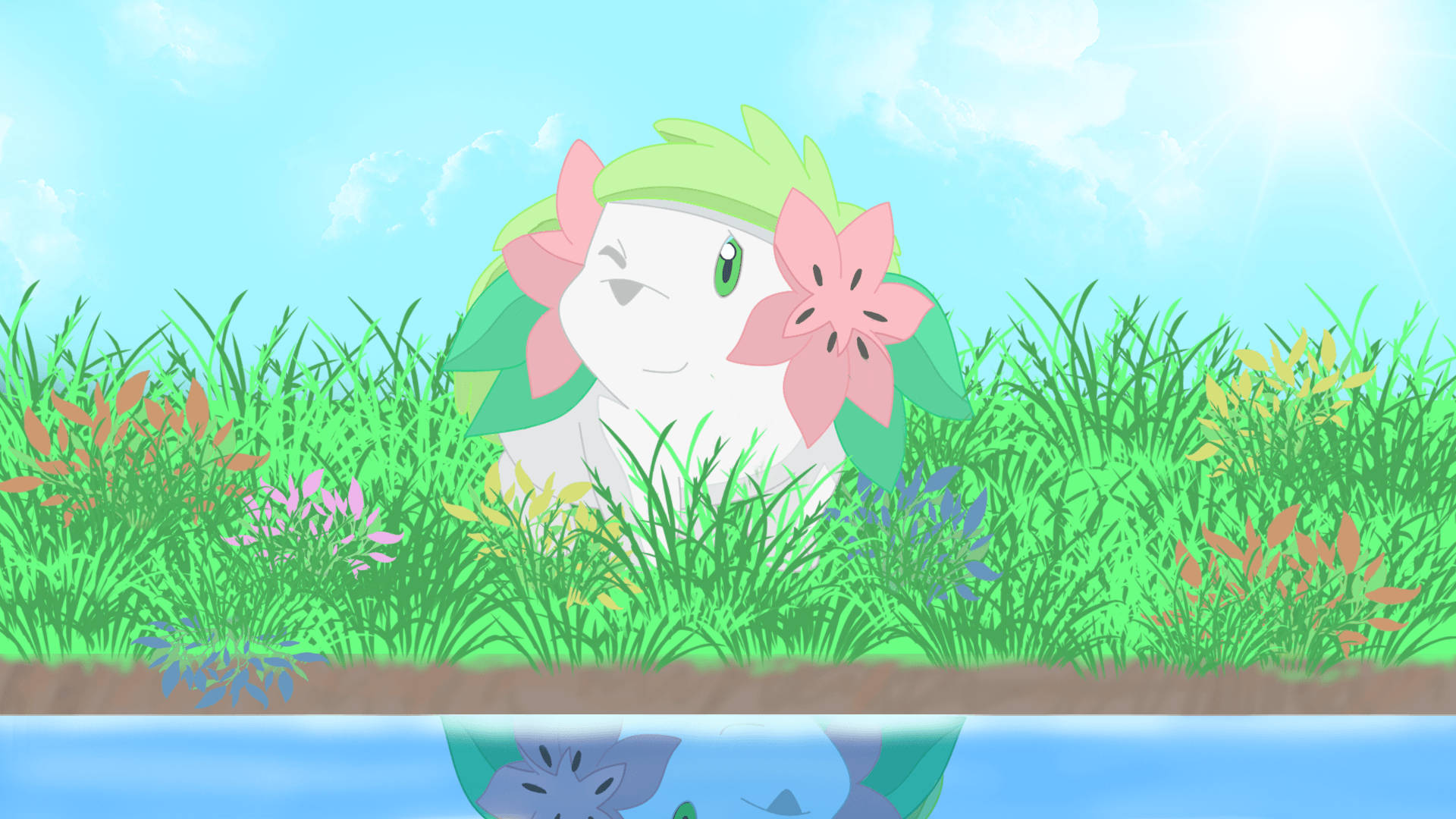 Shaymin 桌布 壁紙 — 一隻可愛的動漫風格寶可夢，帶有粉紅色花朵和綠色葉子，從充滿活力的草地中探出頭來，旁邊是平靜的藍色池塘，上方是明亮的天空。