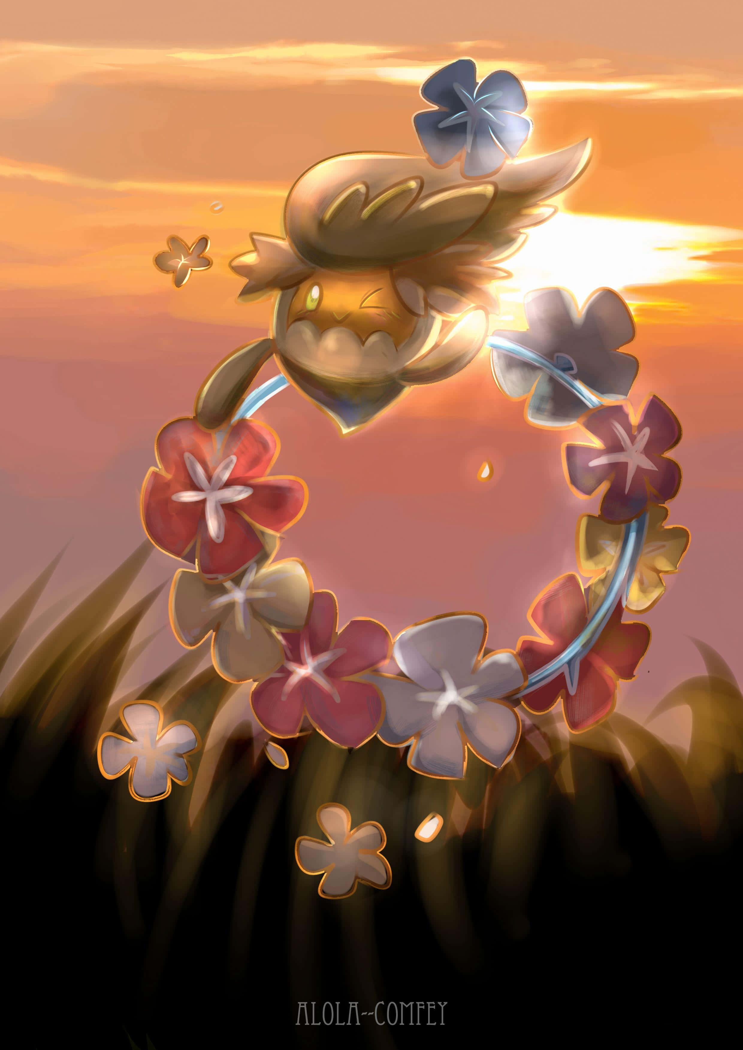 動漫 桌布 壁紙 — 一隻可愛的動漫風格寶可夢戴著花環，在夕陽天空和飄浮花瓣中溫暖發光。