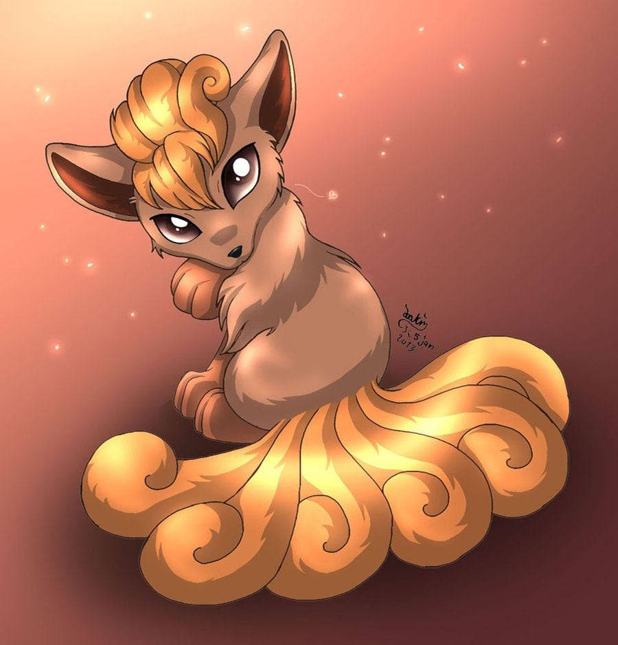 Tails 桌布 壁紙 — 一隻可愛的動漫風格狐狸，擁有金色捲曲的尾巴和頭髮，坐在帶有閃爍效果的溫暖漸變背景前。