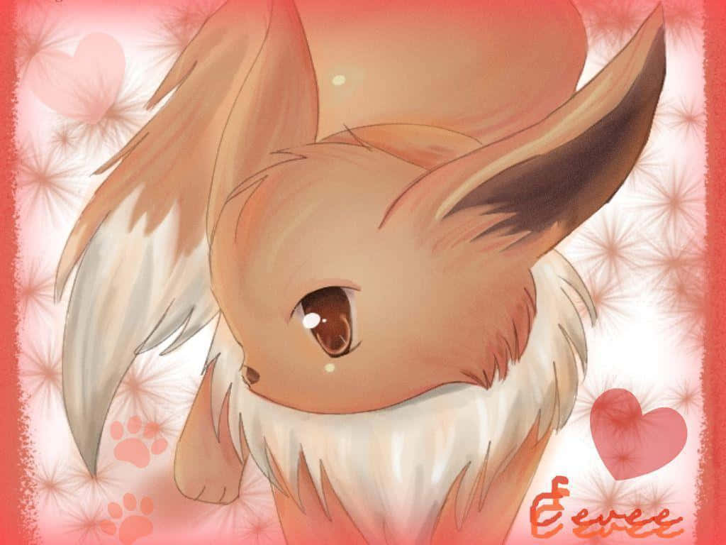 桌布 壁紙 — 一隻可愛的動漫風格狐狸，有大耳朵和柔軟的白色毛髮，在帶有心形的粉紅色花卉背景上溫柔地凝視。