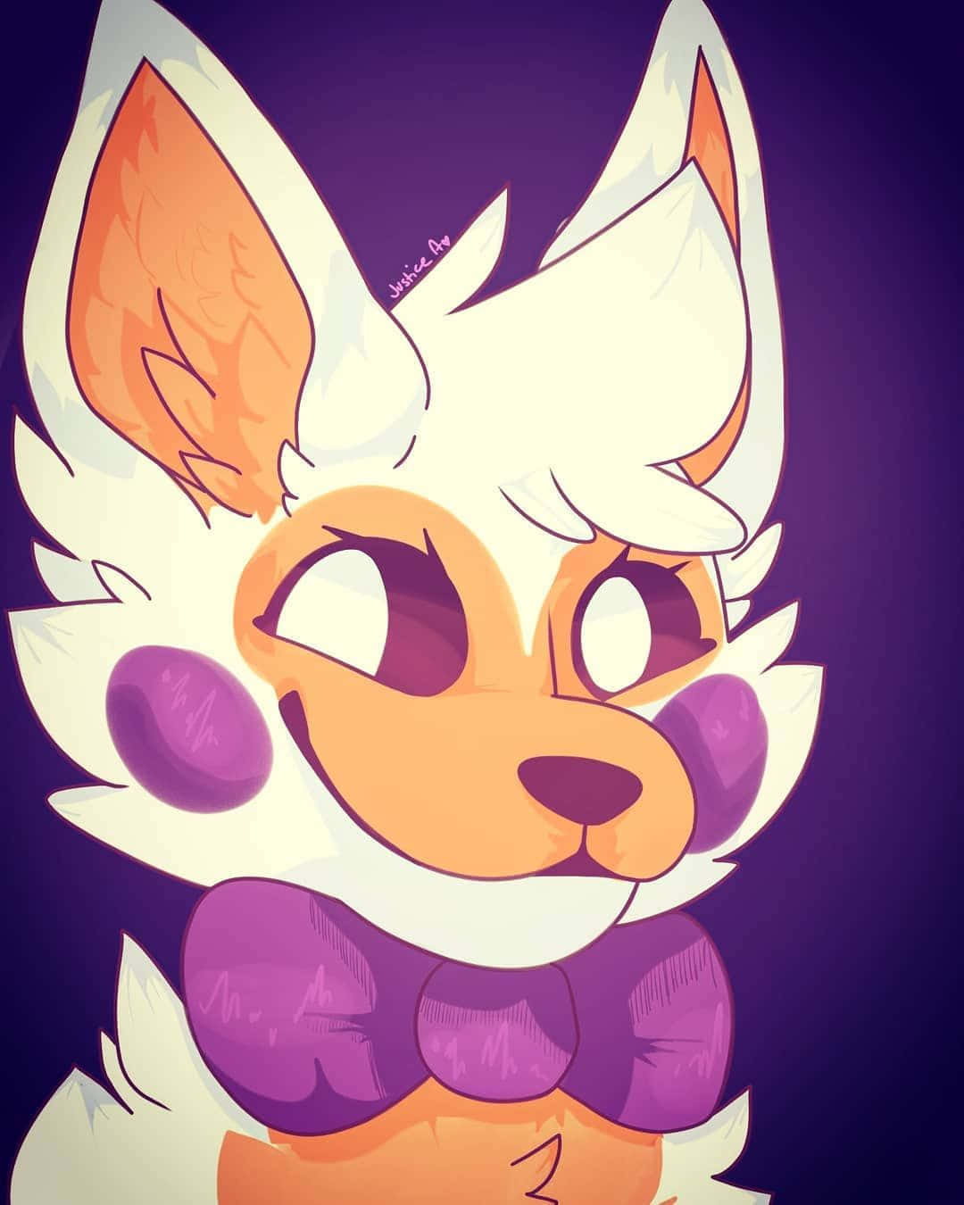 Lolbit 桌布 壁紙 — 一隻可愛的動漫風格狐狸，有白色和橙色的毛髮及紫色臉頰，在深紫色背景上溫暖地微笑。