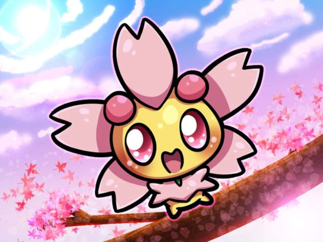 Pokemon Aesthetic 桌布 壁紙 — 一隻可愛的動漫風格粉黃色生物，帶有櫻花花瓣，棲息在樹枝上，背景是柔和的紫色天空。