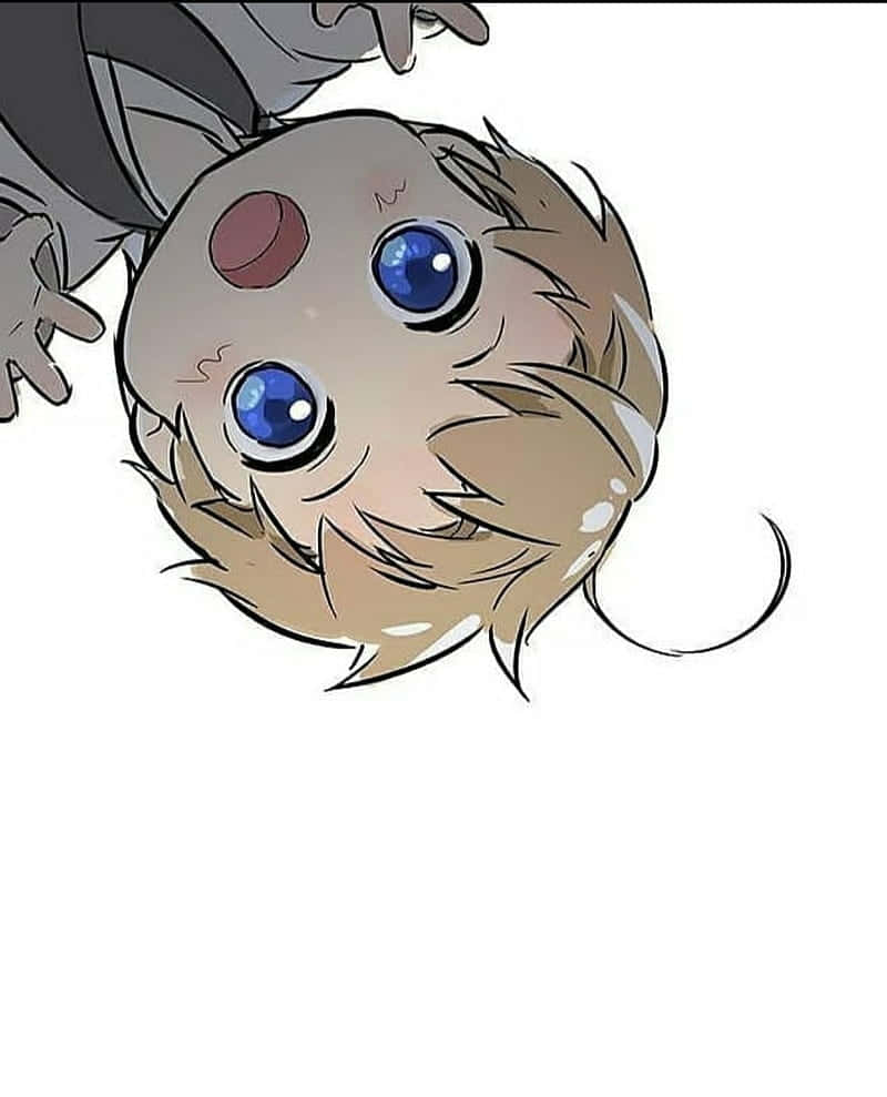 Baby Anime 桌布 壁紙 — 一隻可愛的動漫風格老鼠，有著藍色大眼睛和凌亂的棕色頭髮，從下方抬頭看著純白色背景。