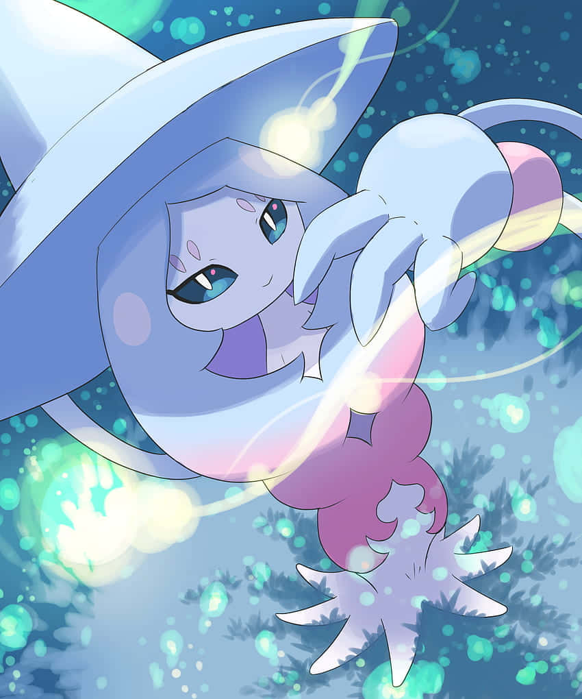 Pokemon Posters 桌布 壁紙 — 一隻可愛的動漫風格藍色女巫寶可夢，戴著寬邊帽，手持發光魔法杖，漂浮在閃爍的藍綠色泡泡中。