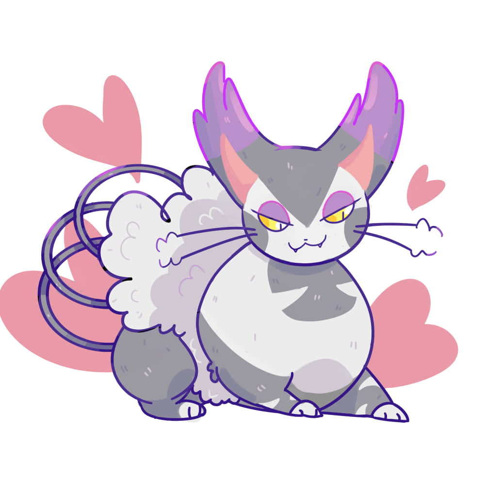 Pokemon 桌布 壁紙 — 一隻可愛的動漫風格貓咪，擁有紫色耳朵和黃色眼睛，坐在粉紅色心形和毛茸茸的尾巴中。