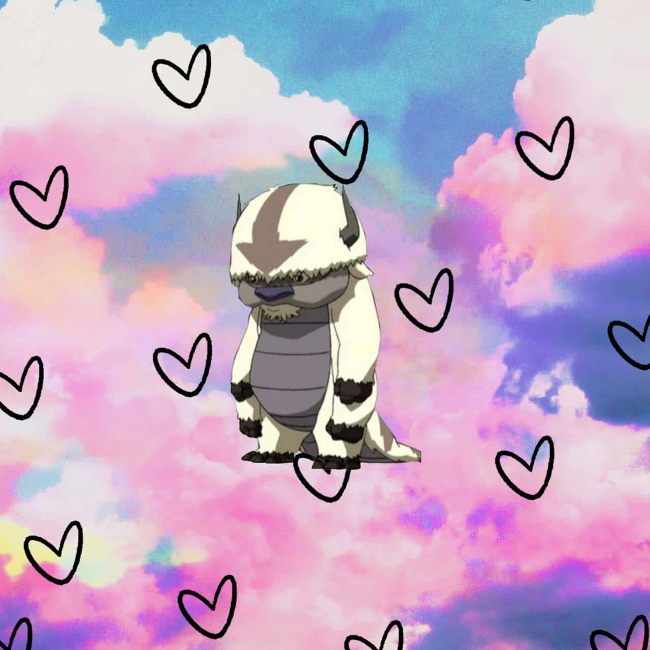 Appa Avatar 桌布 壁紙 — 一隻可愛的動畫北極熊寶寶帶有箭頭標記，漂浮在粉紅、紫色和藍色的粉彩雲朵之間，周圍環繞著漂浮的心形。