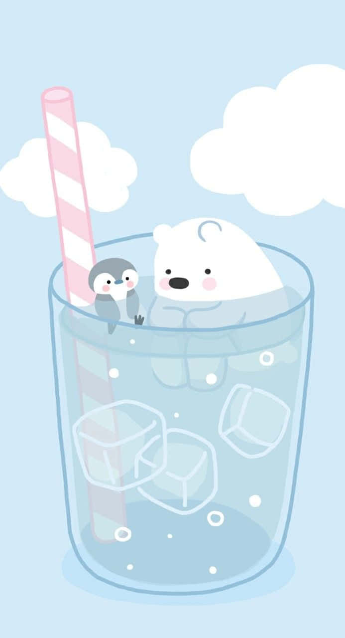 Cartoon Polar Bear 桌布 壁紙 — 一隻可愛的北極熊和企鵝用粉紅色條紋吸管喝著一杯冰水，背景是柔和的藍天白雲。