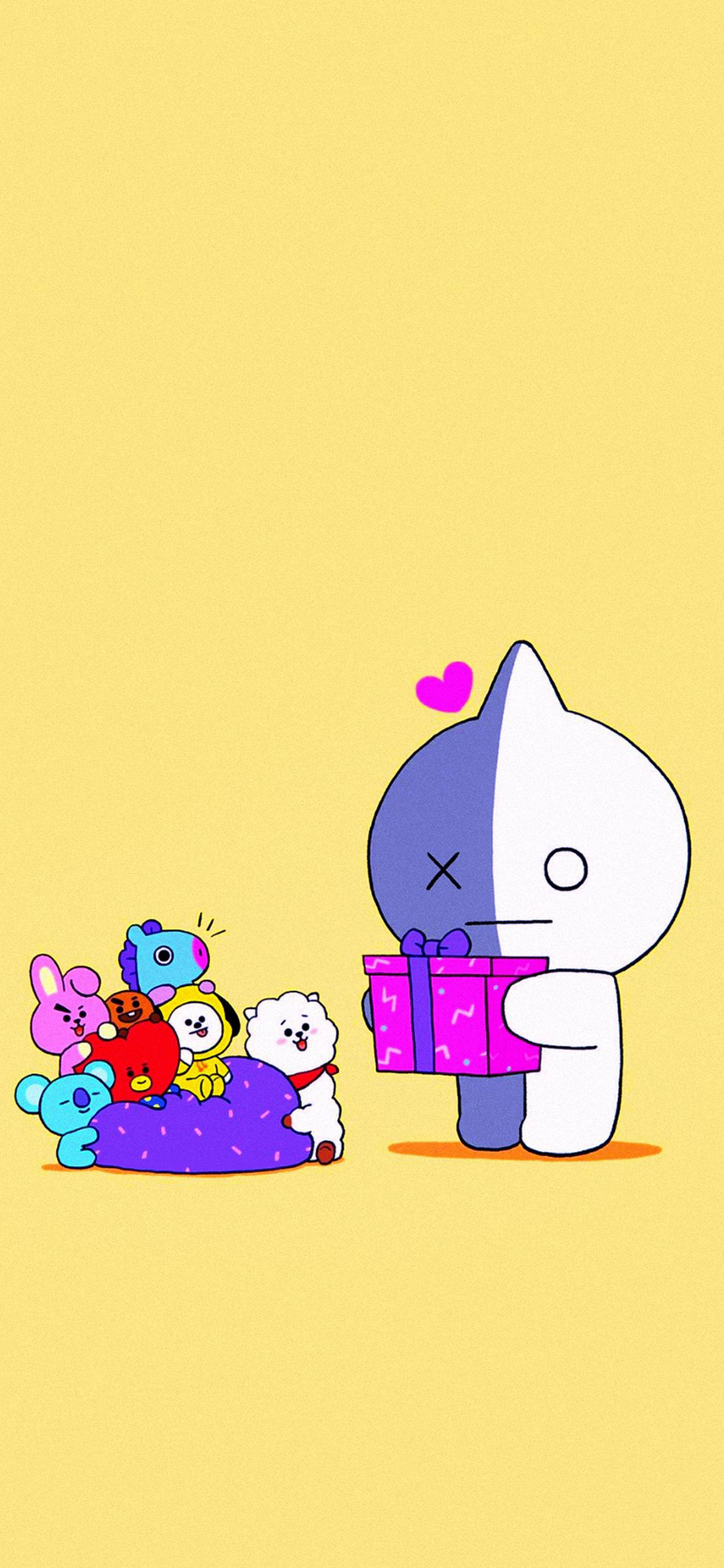van bt21 桌布 壁紙 — 一隻可愛的半紫半白卡通貓拿著一個粉紅色的禮物盒，一群色彩繽紛的動物朋友們快樂地聚集在一個紫色墊子上。