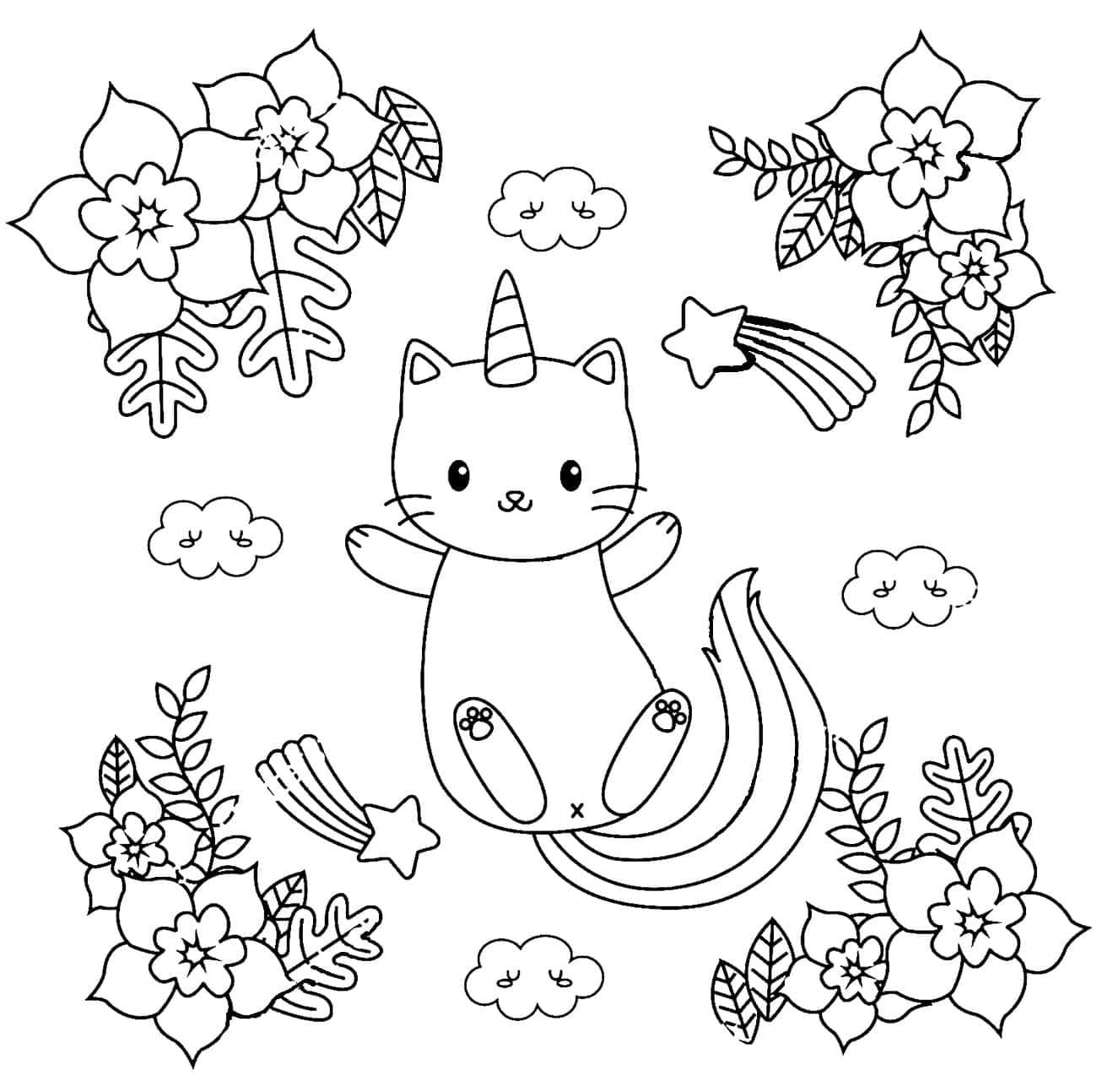 獨角獸 桌布 壁紙 — 一隻可愛的卡哇伊貓咪，擁有獨角獸角和彩虹尾巴，漂浮在微笑的雲朵和花卉簇擁之間，採用黑白線條藝術風格。