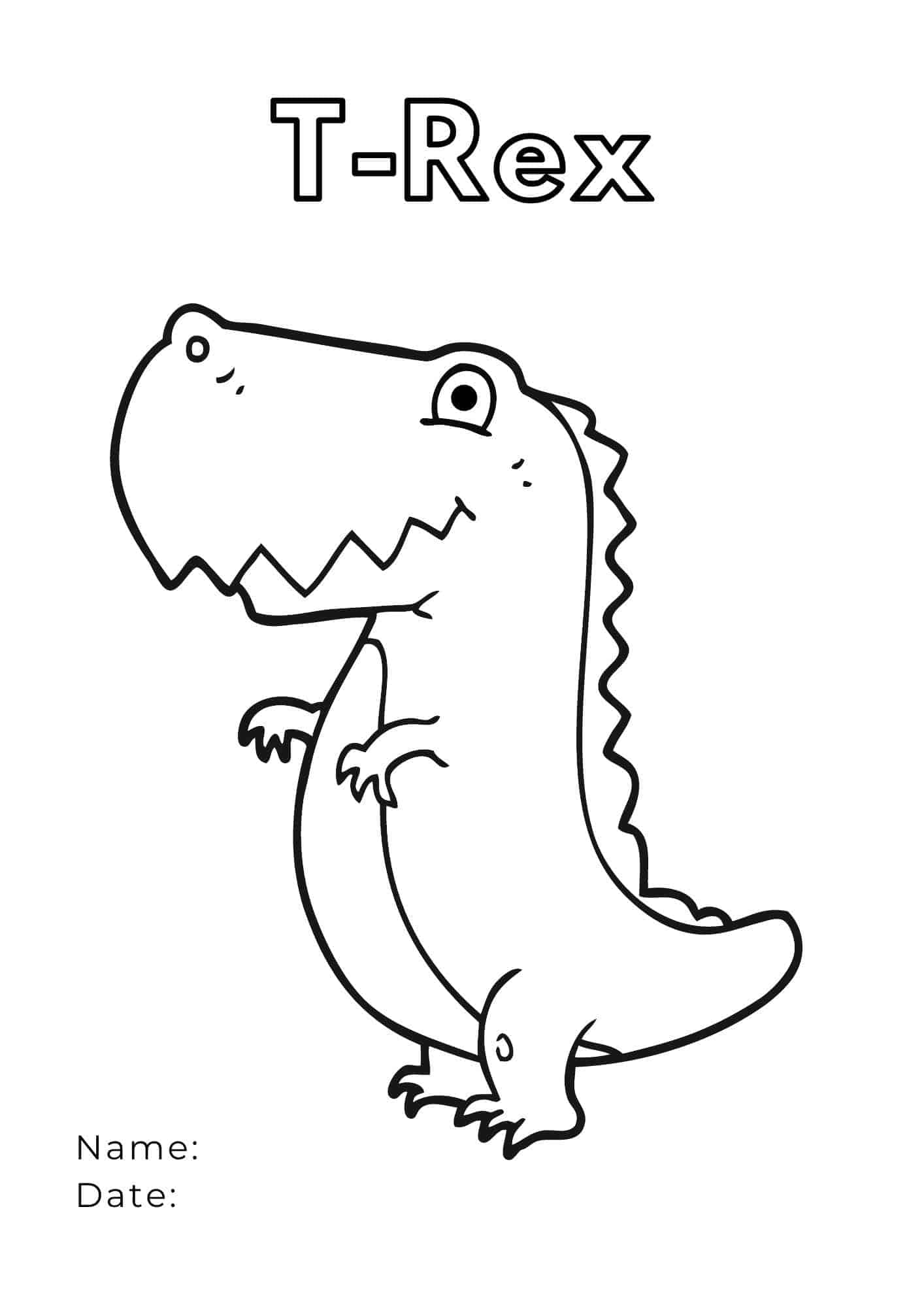 Dinosaur Drawing 桌布 壁紙 — 一隻可愛的卡通T-Rex恐龍，以黑色線條勾勒在白色背景上，帶有「T-Rex」文字以及姓名和日期欄位。