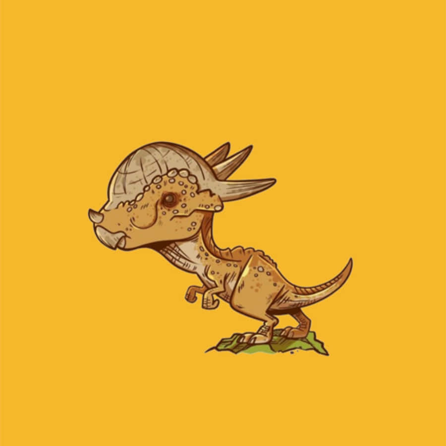Dino 桌布 壁紙 — 一隻可愛的卡通三角龍，帶有紋理褶邊和角，站在一個小綠色斑塊上，背景是純黃色。