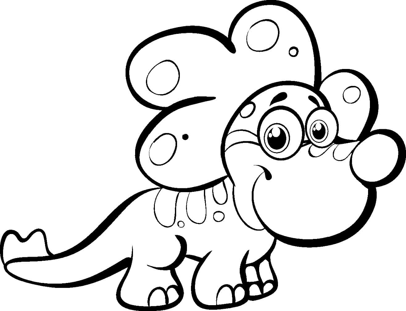 Dinosaur Coloring 桌布 壁紙 — 一隻可愛的卡通三角龍，有大眼睛和微笑的臉，以簡單的黑白線條畫呈現。