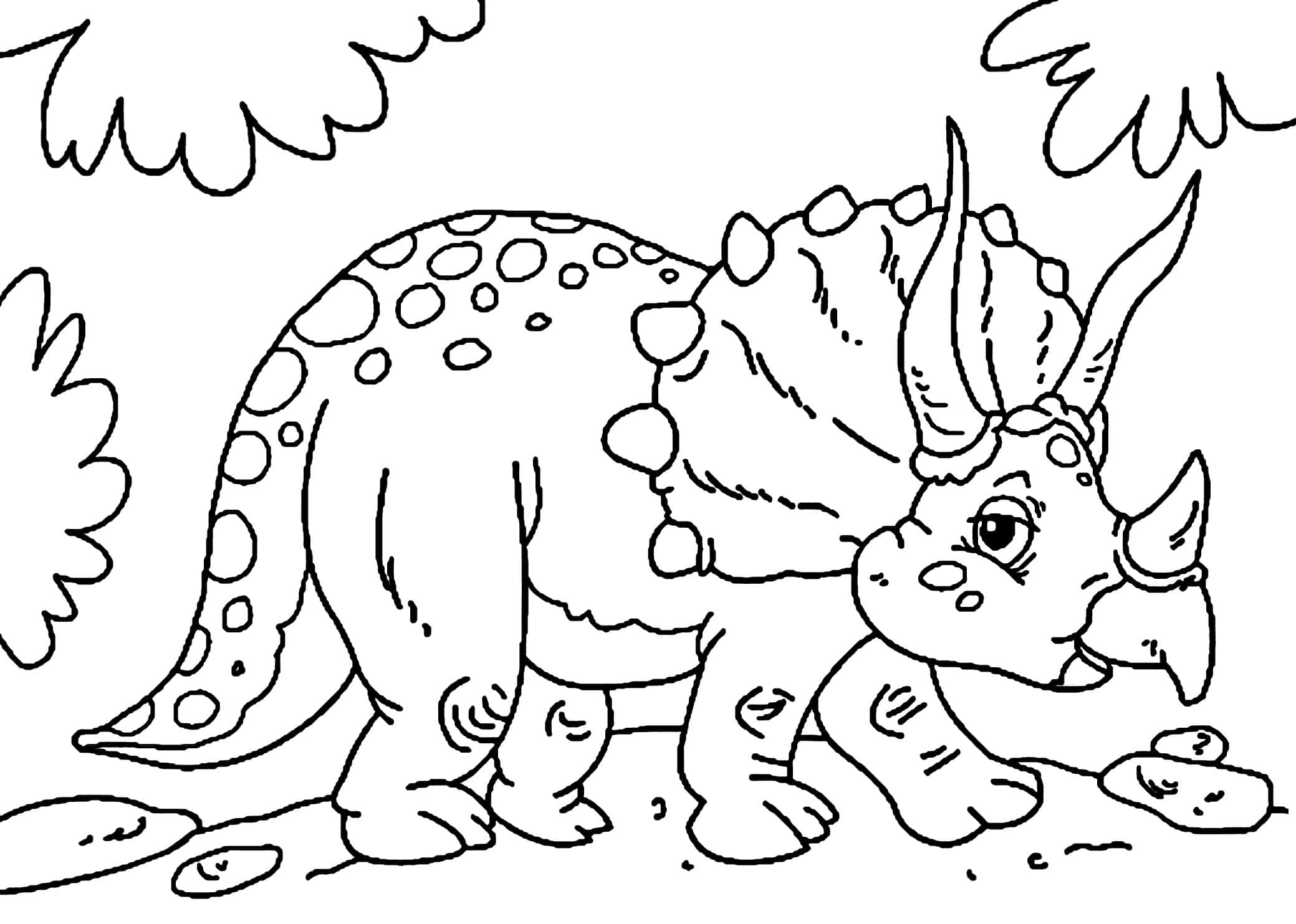 Dinosaur Coloring 桌布 壁紙 — 一隻可愛的卡通三角龍，有大眼睛和斑點背部，站在簡單的線條藝術叢林場景中。