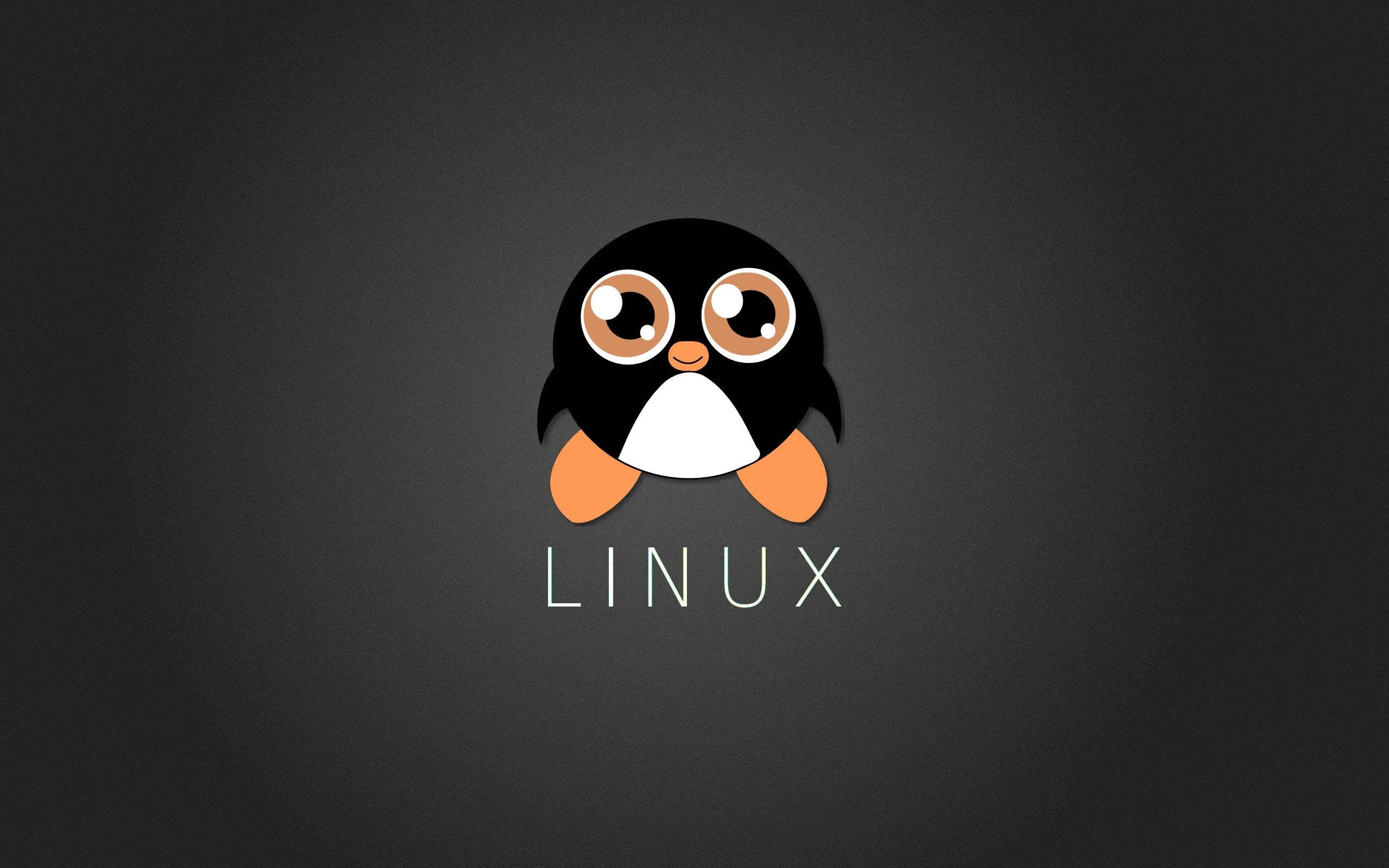 Linux 桌布 壁紙 — 一隻可愛的卡通企鵝，有大眼睛和橙色腳，坐在深灰色漸變背景上Linux字樣的正上方。