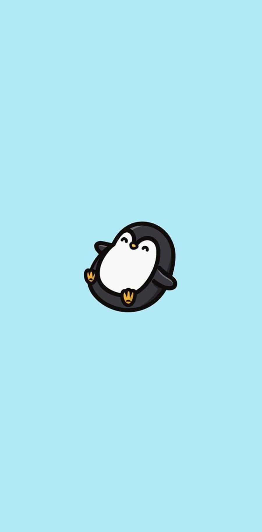 動物 桌布 壁紙 — 一隻可愛的卡通企鵝，有黑白羽毛，坐在純淺藍色背景中央。