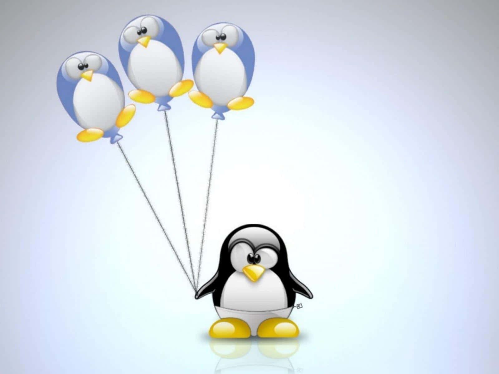 小企鵝 桌布 壁紙 — 一隻可愛的卡通企鵝在柔和的漸變背景上，拿著連接到三個企鵝形狀氣球的繩子。