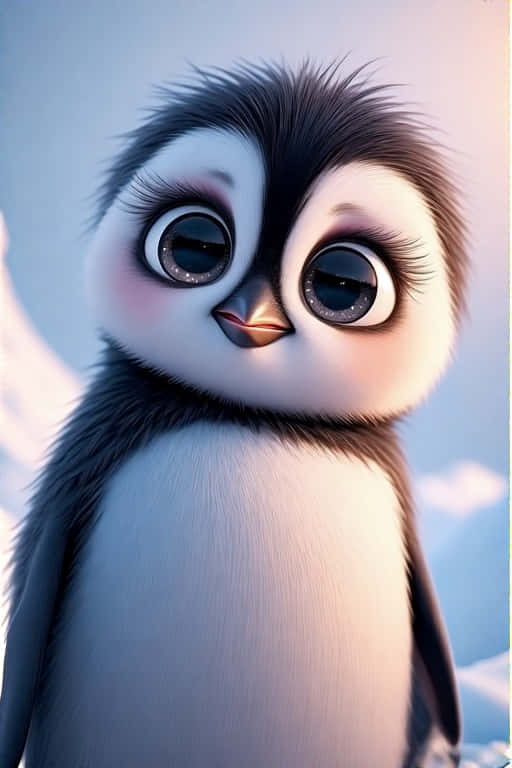 Heartwarming Baby Penguin Art 4K 壁紙 — 一隻可愛的卡通企鵝寶寶，有著閃閃發光的大眼睛和蓬鬆的黑白羽毛，在柔和的藍色雪景背景下抬頭仰望。