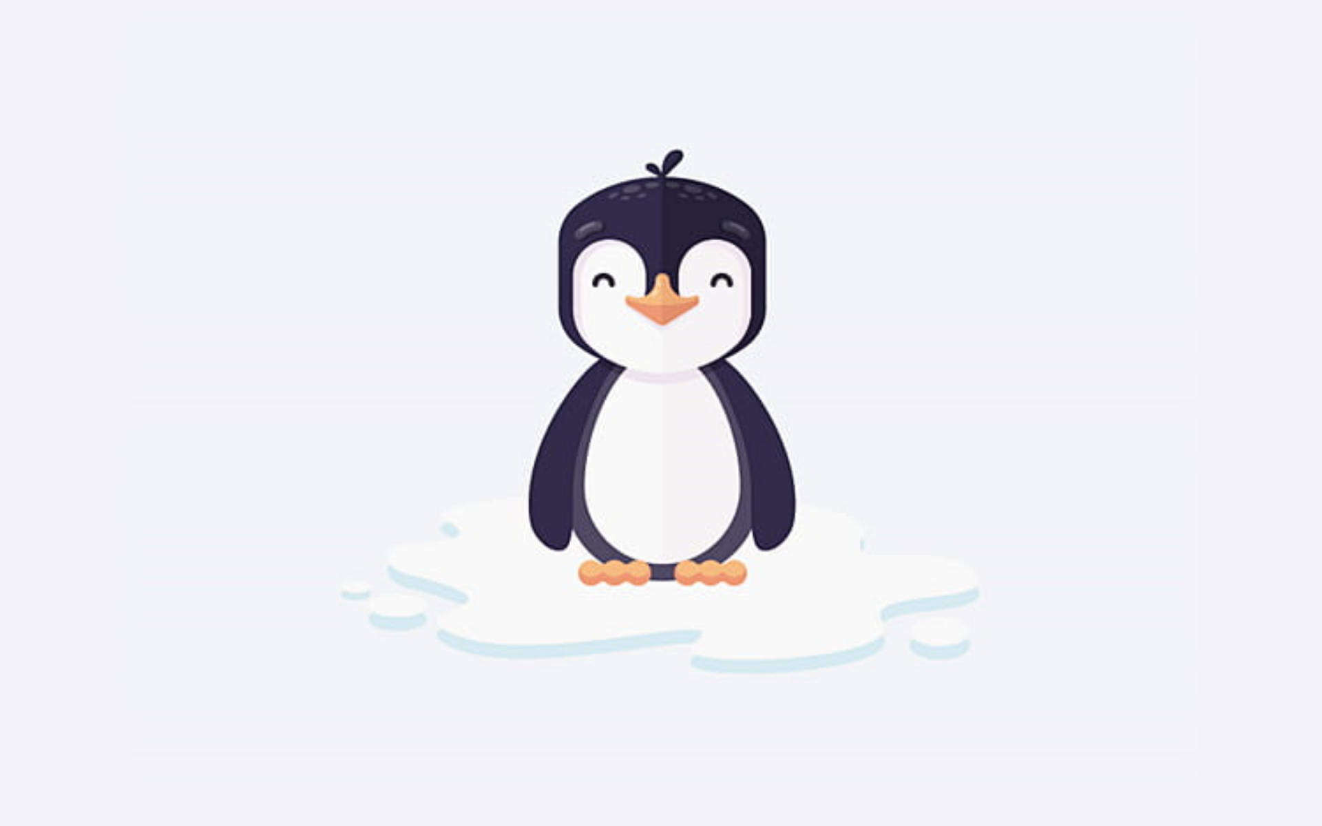 動物 桌布 壁紙 — 一隻可愛的卡通企鵝帶著開心的表情，站在一小片雪地上，背景是純色淺色。