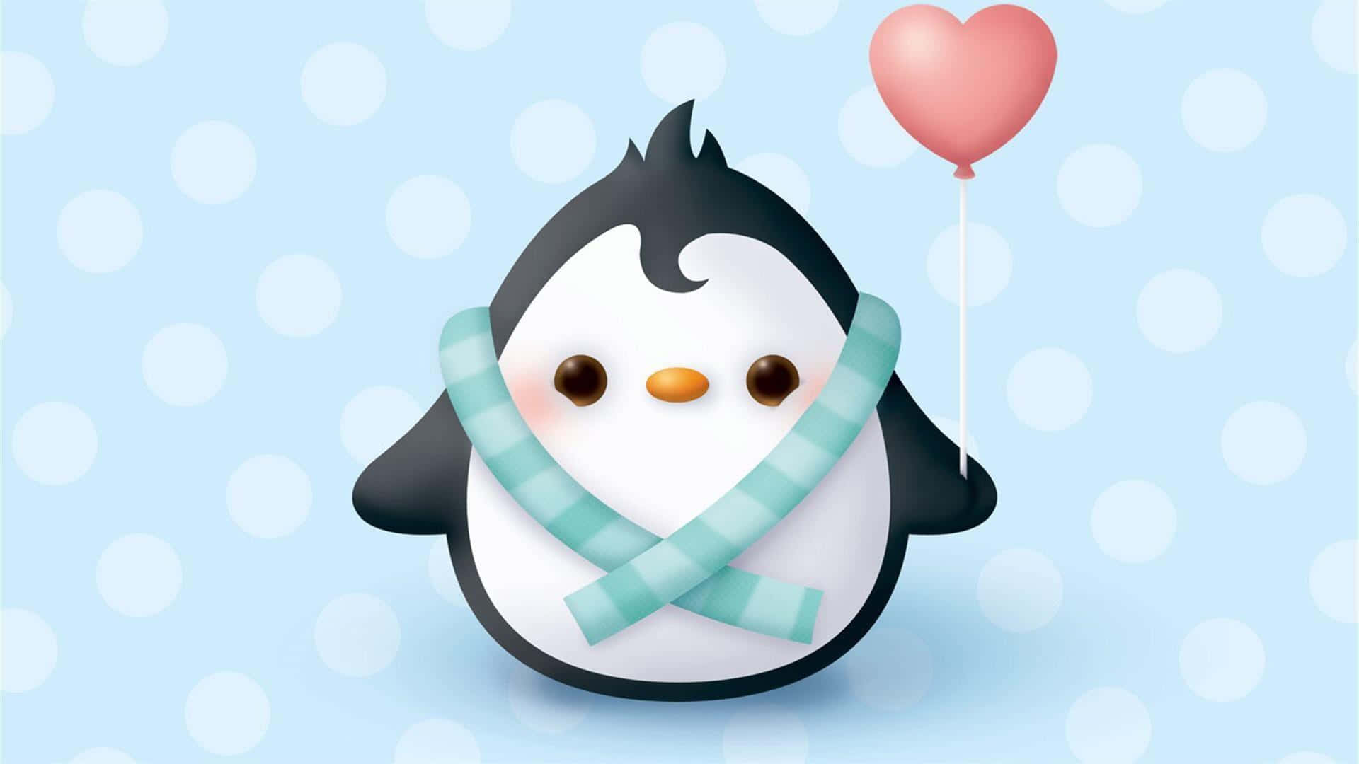 Cute Animated 桌布 壁紙 — 一隻可愛的卡通企鵝戴著青綠色圍巾，在淺藍色圓點背景上拿著一個粉紅色心形氣球。