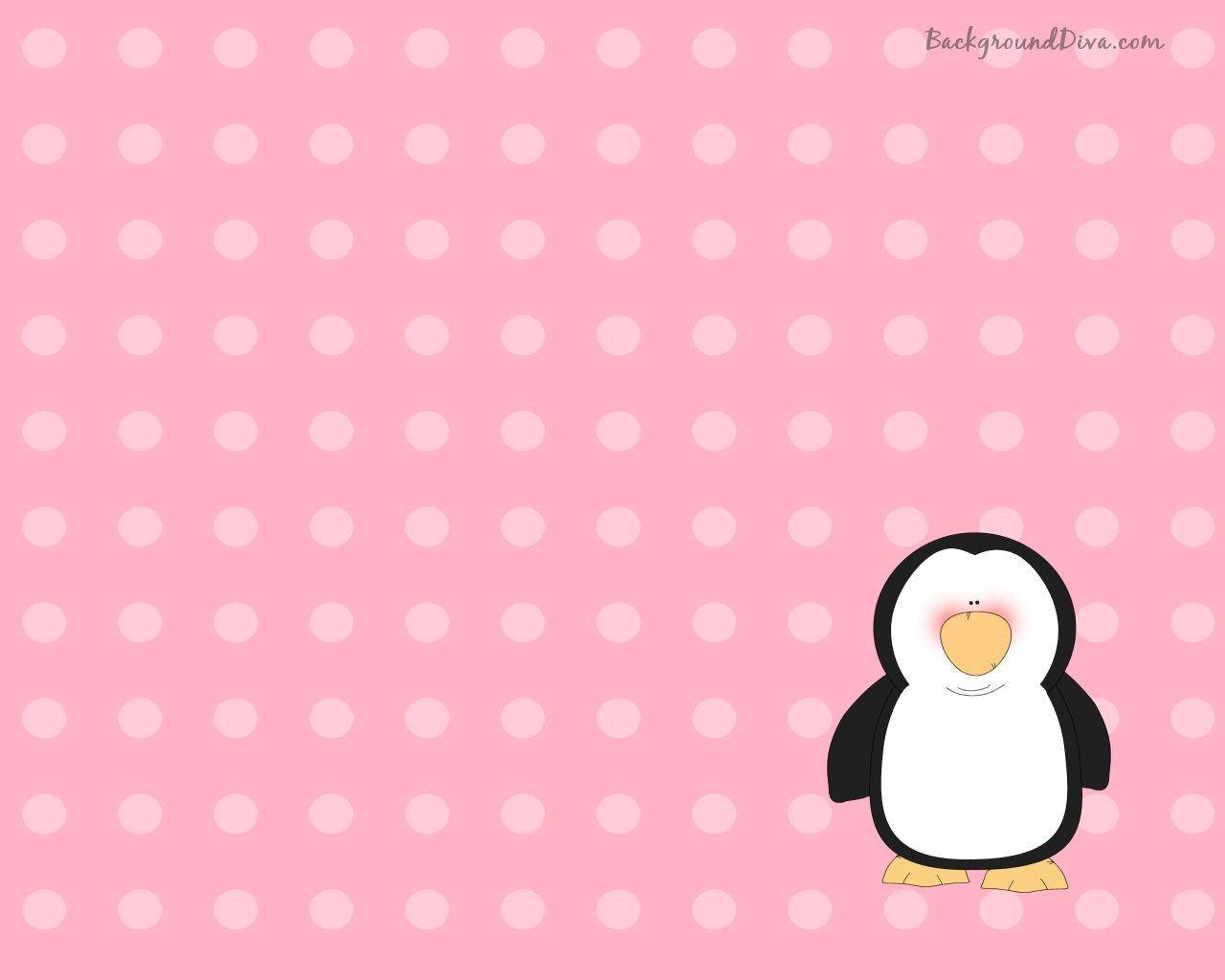 Cute Computer 桌布 壁紙 — 一隻可愛的卡通企鵝站在帶有白色圓點的粉紅色背景上。