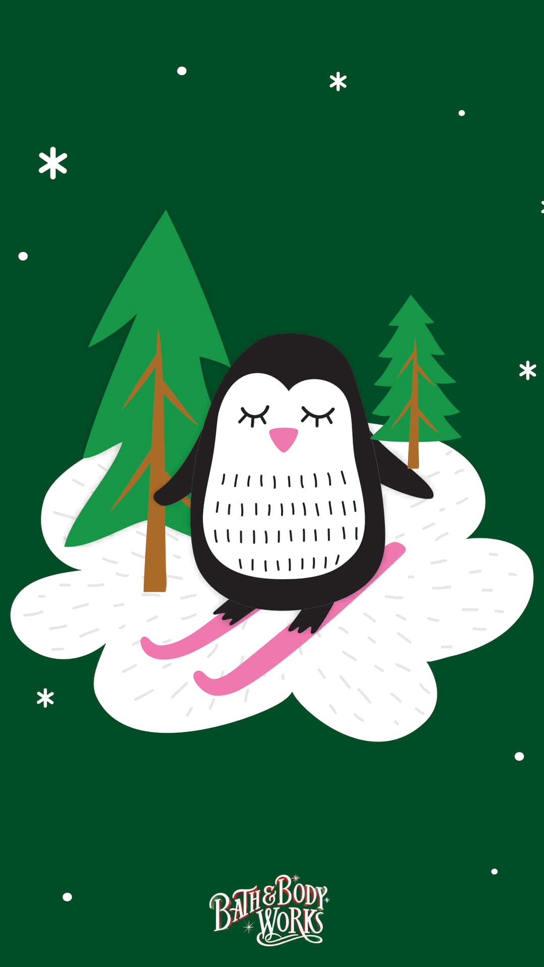 企鵝 桌布 壁紙 — 一隻可愛的卡通企鵝閉著眼睛，在粉紅色滑雪板上滑行於雪雲之上，背景是深綠色的冬日天空，點綴著松樹和雪花。