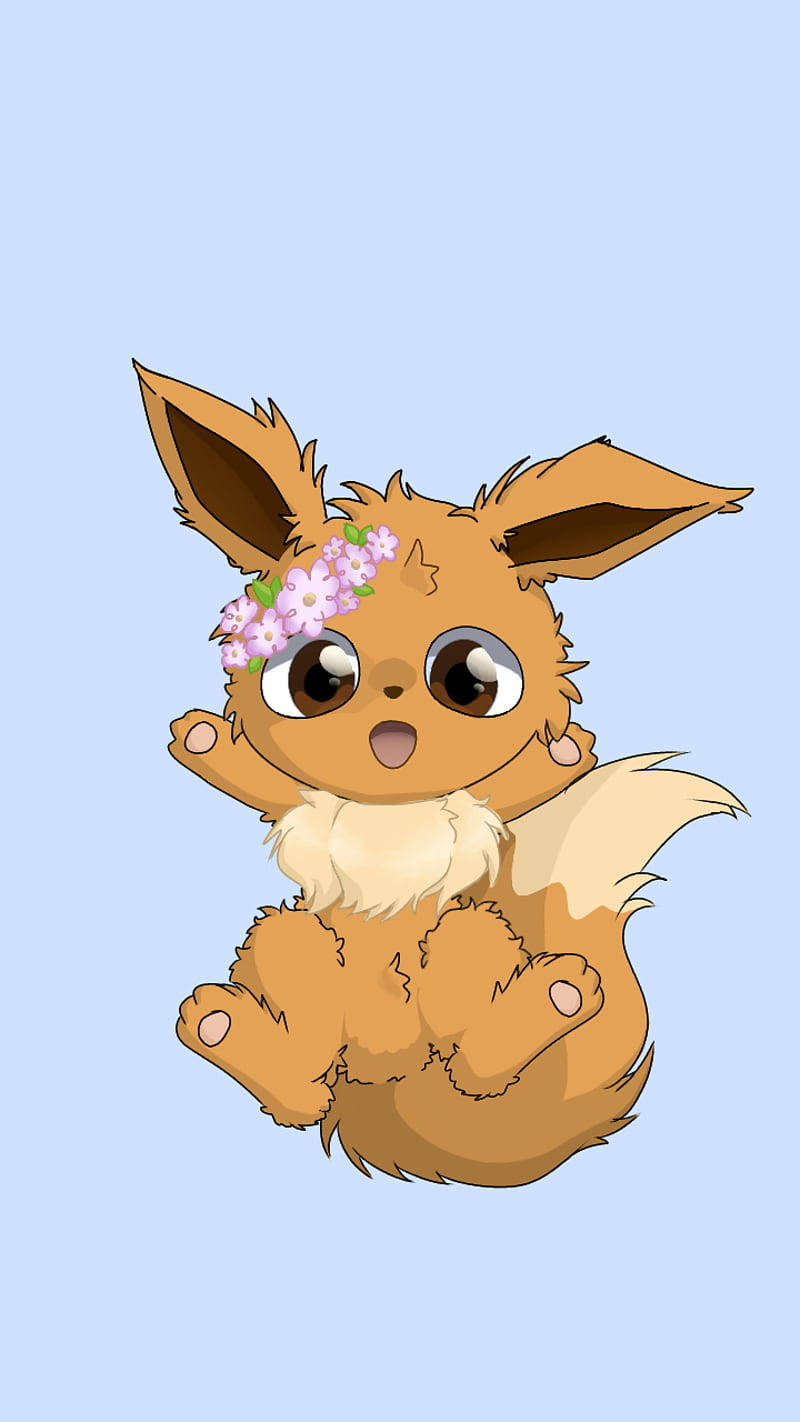 Eevee iPhone 桌布 壁紙 — 一隻可愛的卡通伊布戴著粉紅色花冠，坐在柔和的藍色背景前。