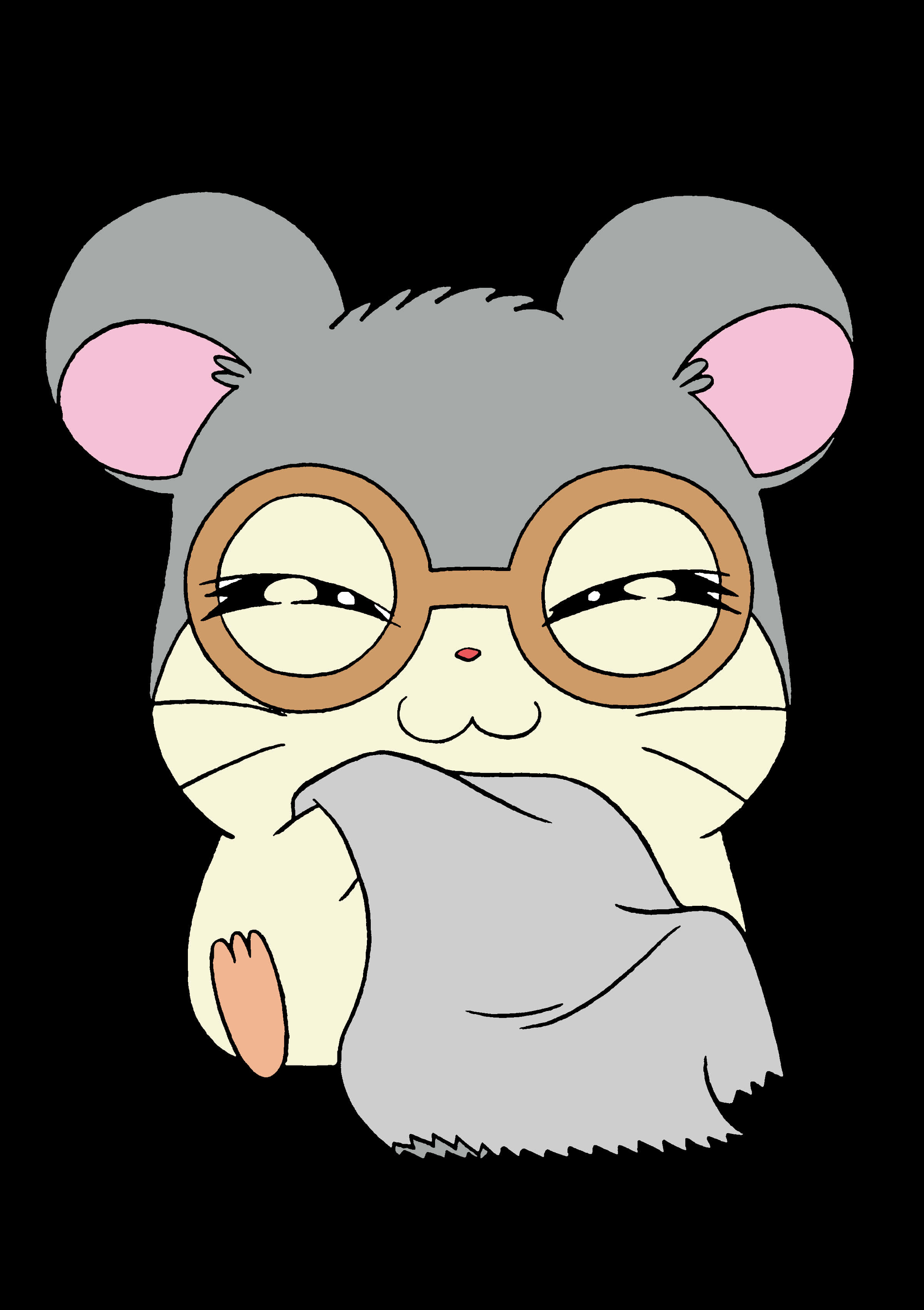 Cute Animated 桌布 壁紙 — 一隻可愛的卡通倉鼠，戴著圓形眼鏡，內耳呈粉紅色，在黑色背景前拿著一條灰色圍巾。