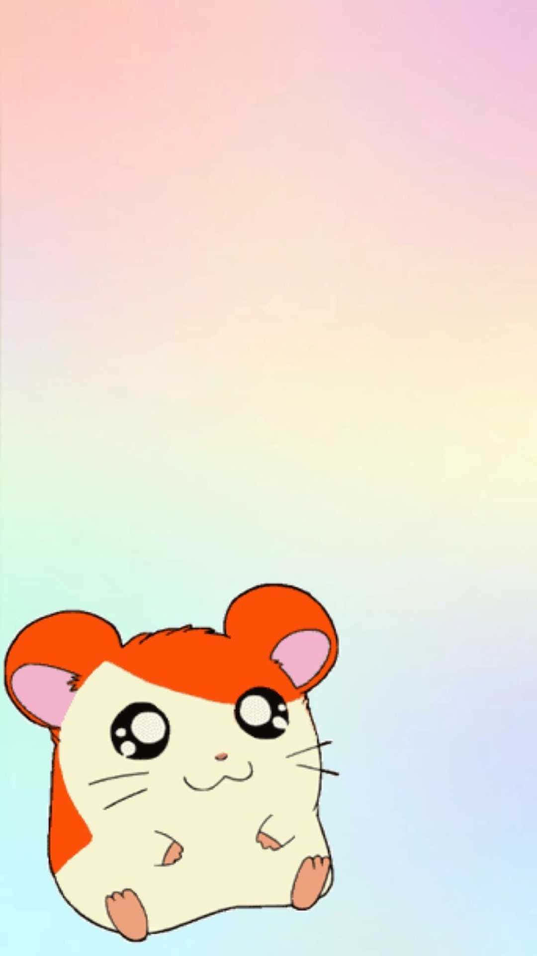 Animated 桌布 壁紙 — 一隻可愛的卡通倉鼠，有橙色耳朵和白色身體，漂浮在柔和的粉彩漸變天空上。