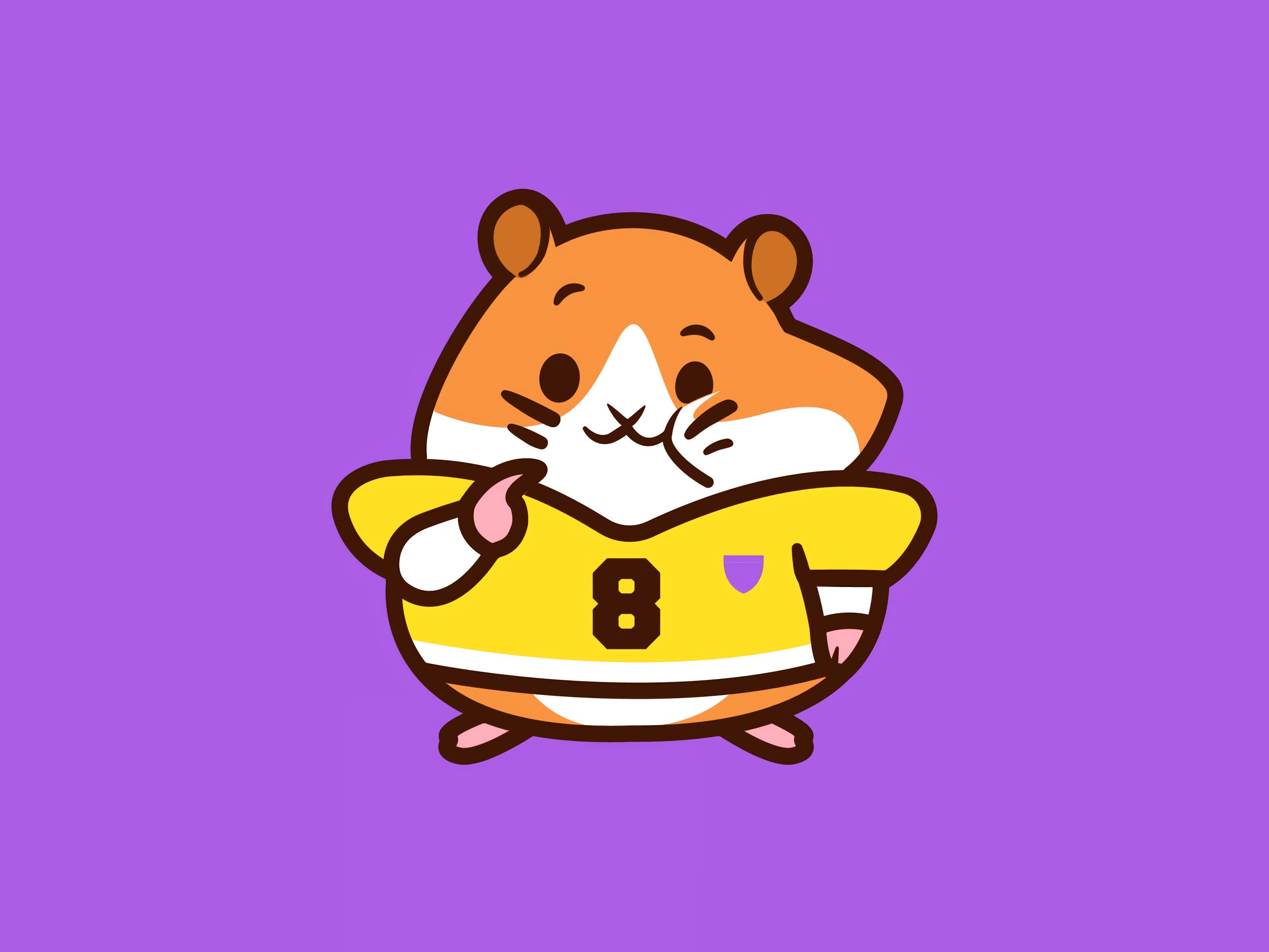 so cute 桌布 壁紙 — 一隻可愛的卡通倉鼠穿著黃色球衣，號碼8，在純紫色背景上開心地揮手。