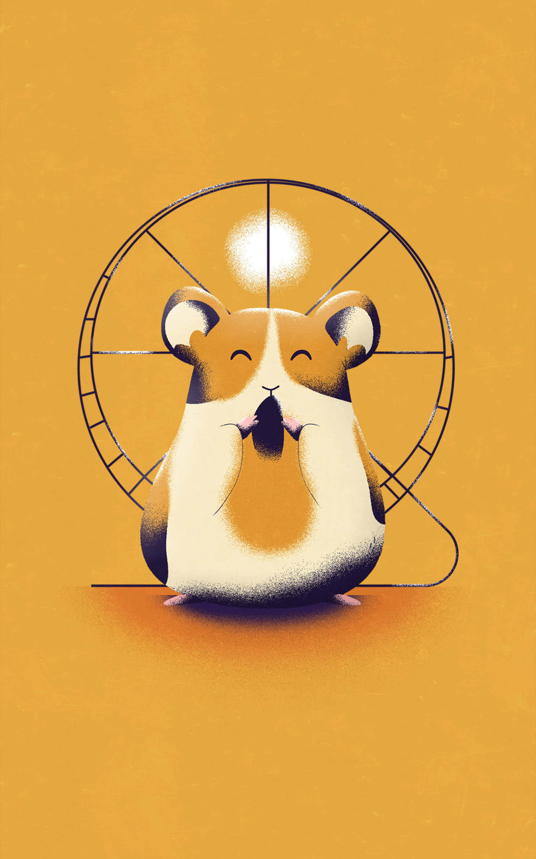 Hamster 桌布 壁紙 — 一隻可愛的卡通倉鼠閉著眼睛，滿足地坐在發光的輪子前，背景是溫暖的橙色。