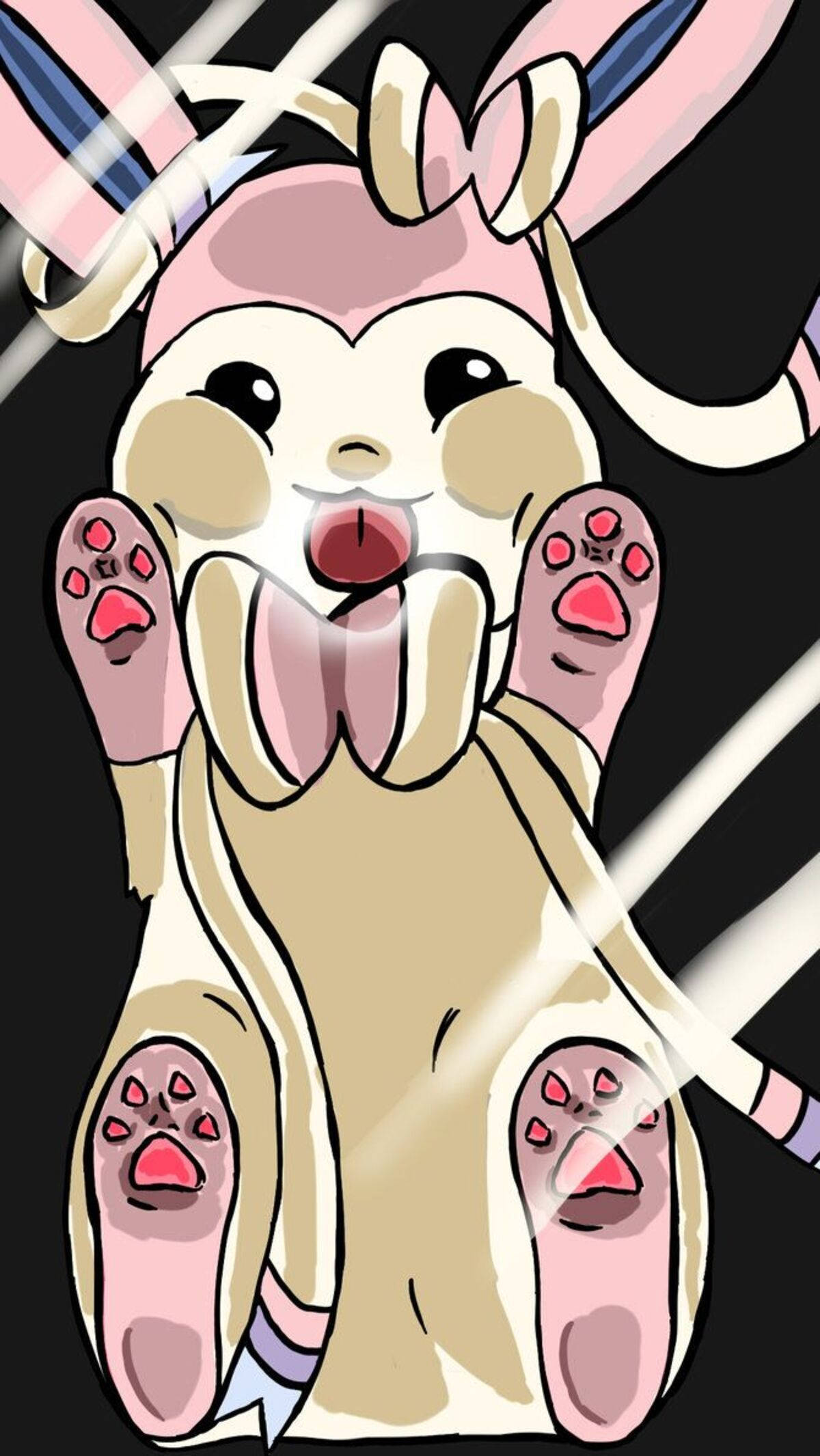 Sylveon 桌布 壁紙 — 一隻可愛的卡通兔，戴著粉紅色蝴蝶結和條紋耳朵，在黑暗背景中帶有發光條紋，頑皮地伸出舌頭。