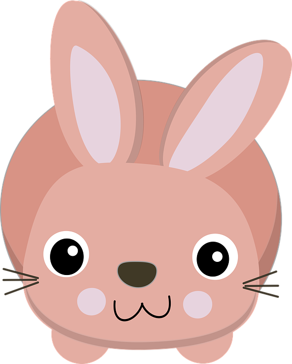 bunnies 桌布 壁紙 — 一隻可愛的卡通兔，有大大的圓眼睛和粉紅色的耳朵，在純色背景上微笑。