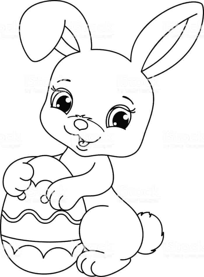 Easter Bunny 桌布 壁紙 — 一隻可愛的卡通兔子，大眼睛，拿著一個裝飾好的復活節蛋，以簡單的黑白線條畫呈現。