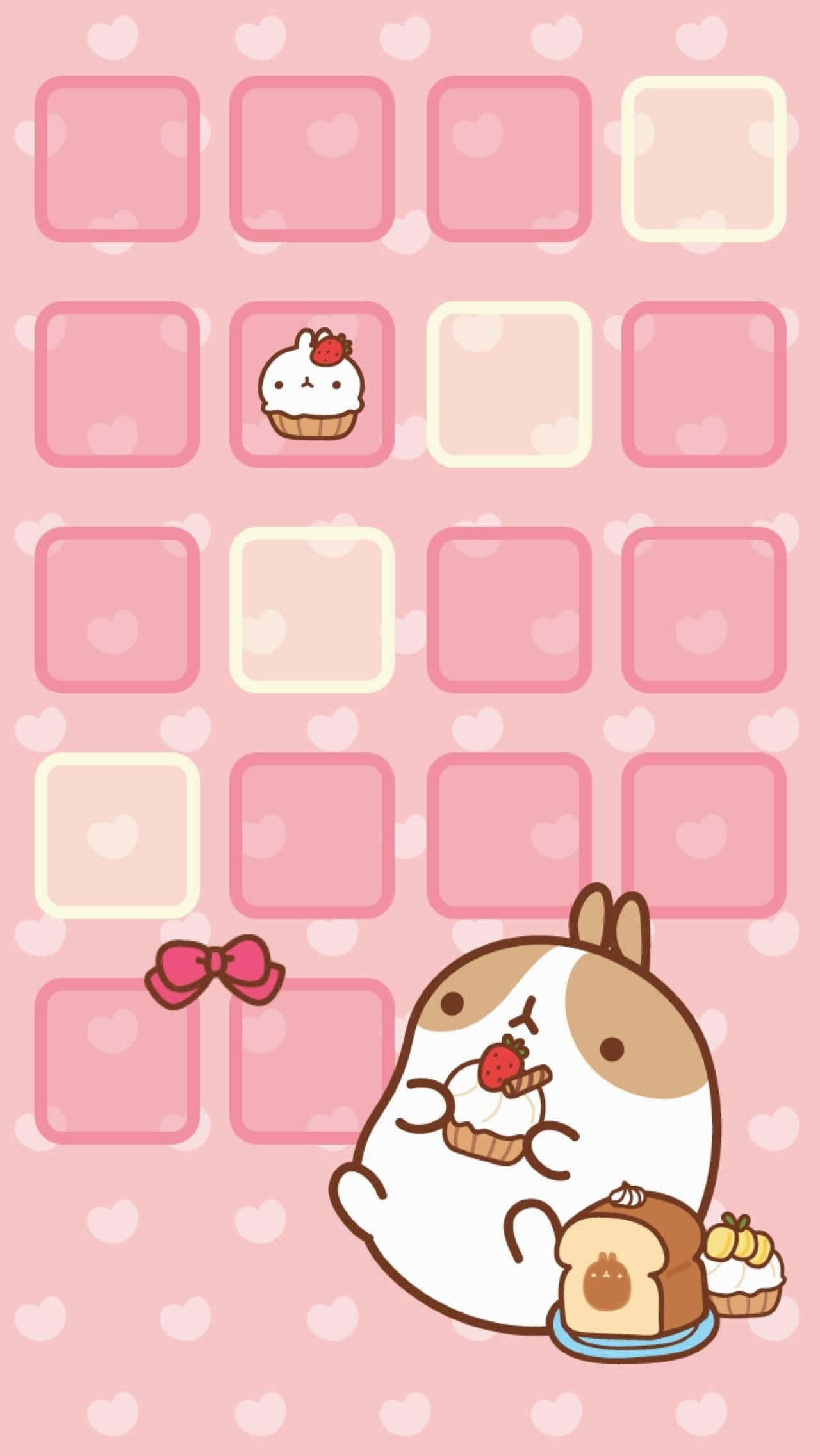 Cute Cartoon Animal 桌布 壁紙 — 一隻可愛的卡通兔子，戴著粉紅色蝴蝶結，在粉紅色心形圖案的壁紙上享用杯子蛋糕和吐司。